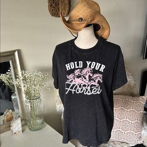 Boho stonewashed black hold your horses western graphic Tee shirt oversized S
